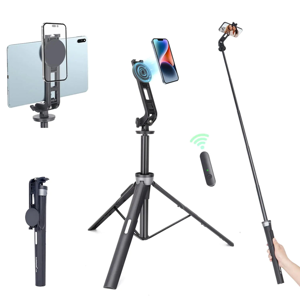 Koolehaoda 64" Magnetic Selfie Stick Phone Tripod with Wireless Remote Compatible with MagSafe Portable 5 in 1 Phone Tripod Fit for iPhone 15/14/13 Pro Max Gopro Android Camera & Tablet