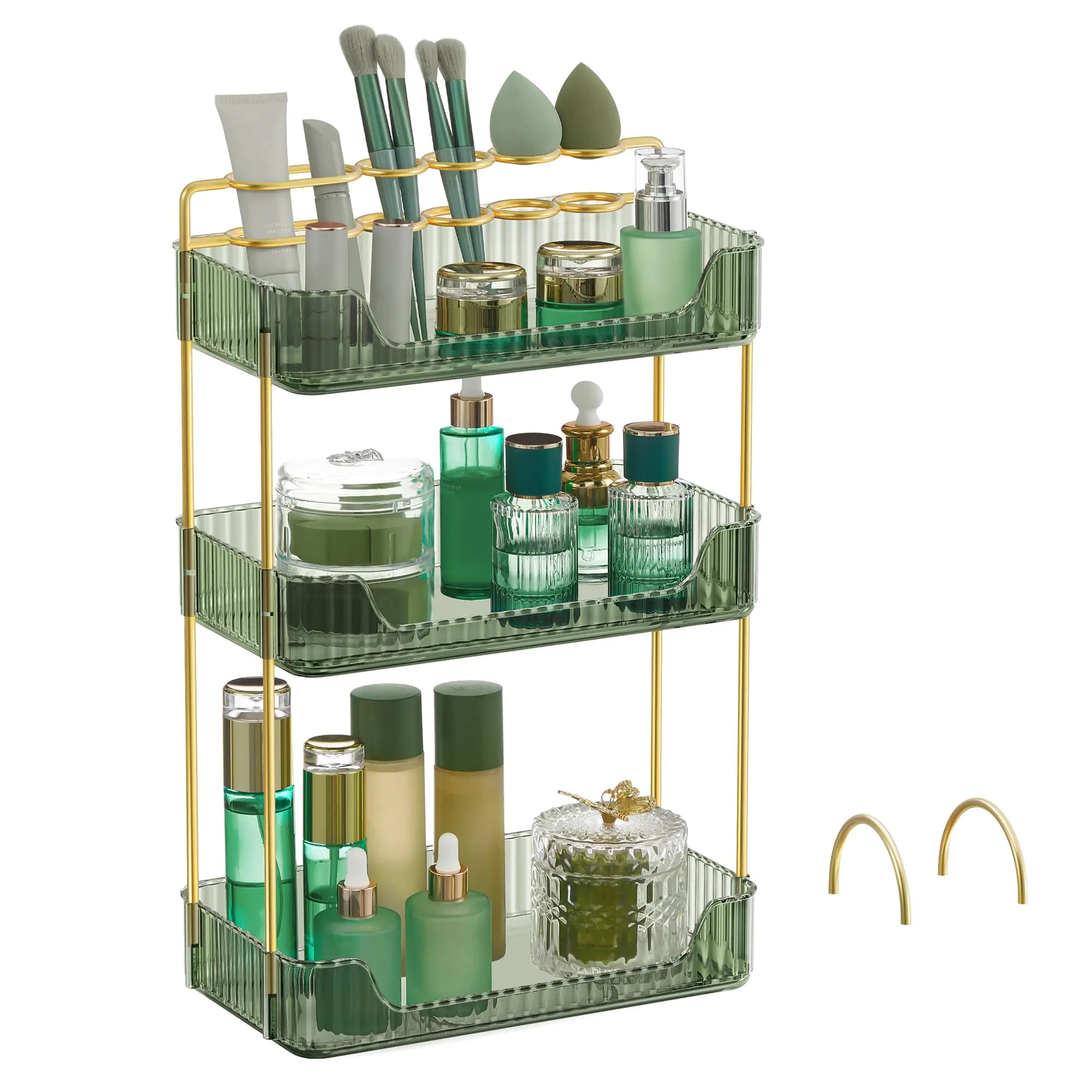 SONGMICS Makeup Organizer 3-Tier Skincare Organizer Countertop Customizable 2 Types of Accessories Jewelry Holder for Vanity Bedroom Bathroom Pale Green UJKA013C01