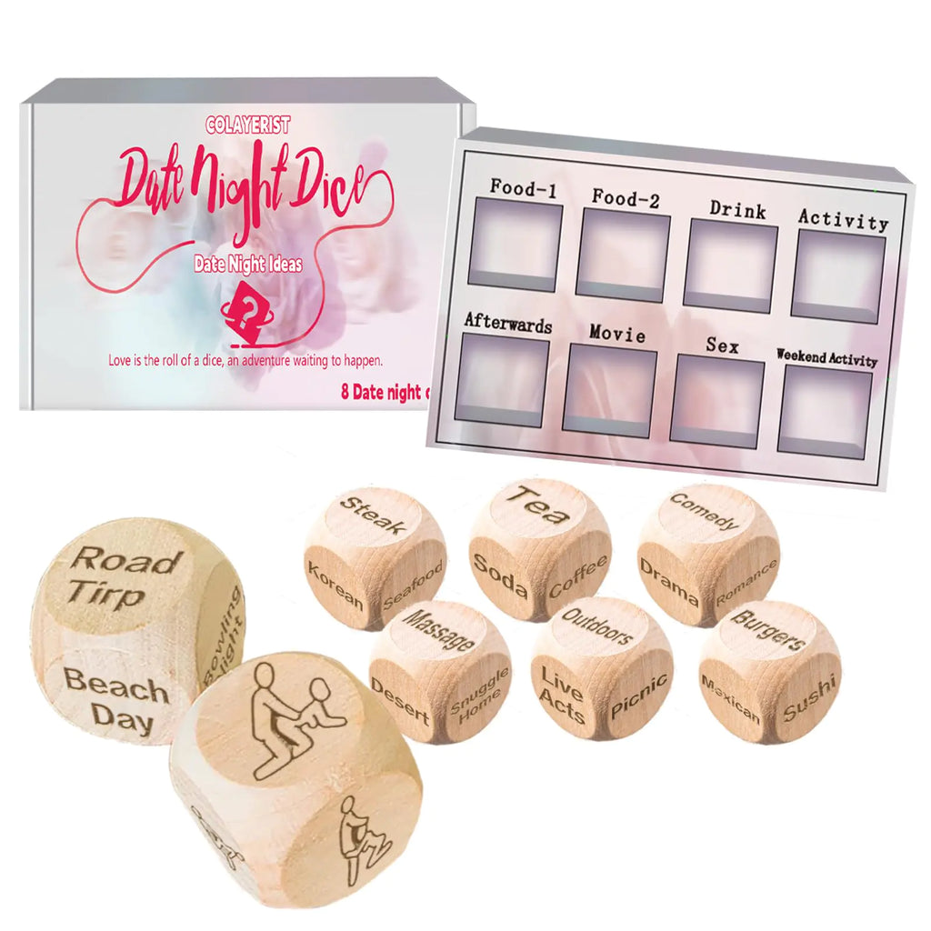 COLAYERIST Date Night Dice for Couples 8 PCS Date Night Ideas Couples Dice Food Dice Movie Decision Wooden Date Decision Dice Christmas Valentines Day Couple Gifts for Boyfriend Girlfriend