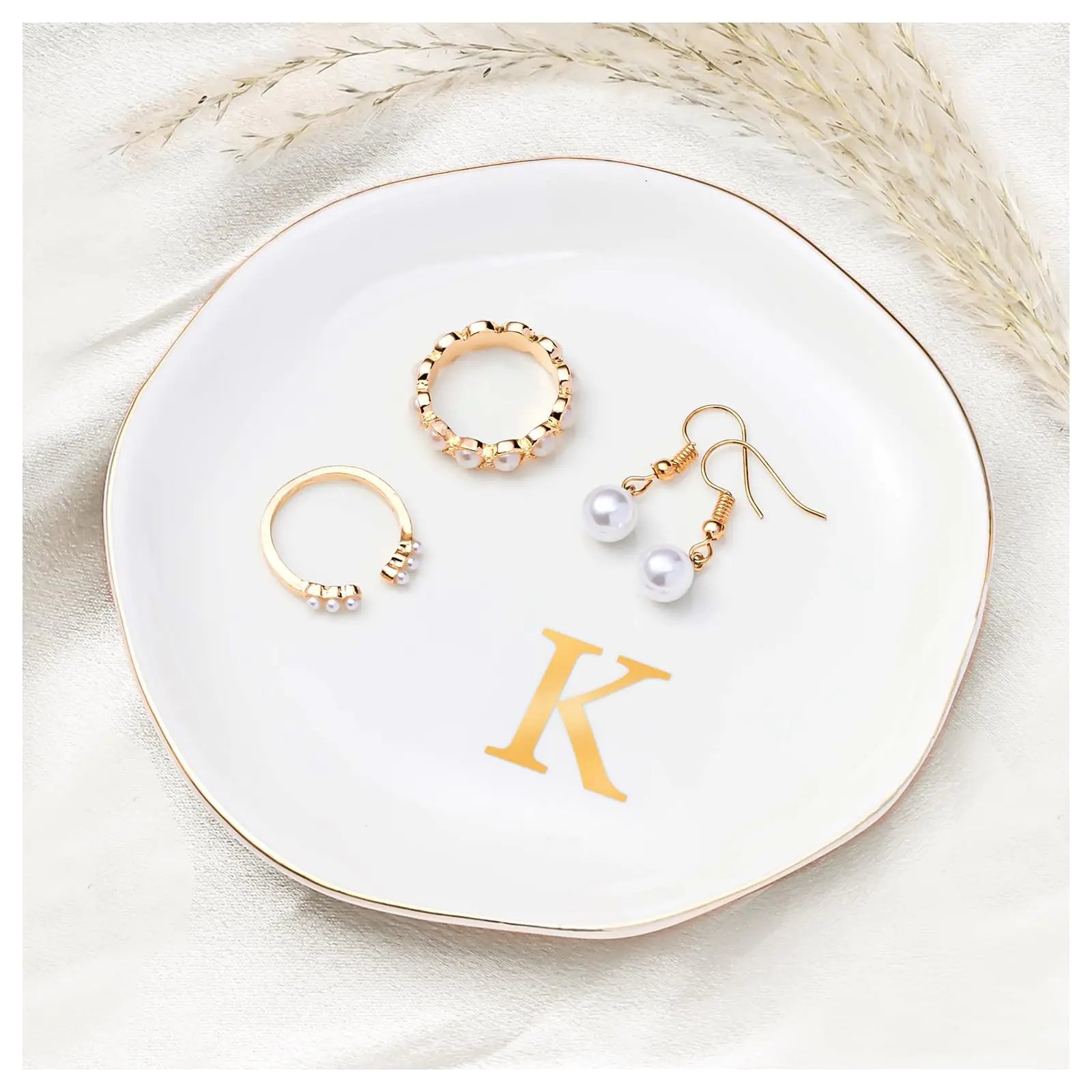 ProCase Ceramic Jewelry Tray Initial Ring Dish Trinket Plate Engagement Gift Small Personalized Monogram Ring Bowl for Wedding White Decorative Jewelry Holder for Women Vanity -Letter K
