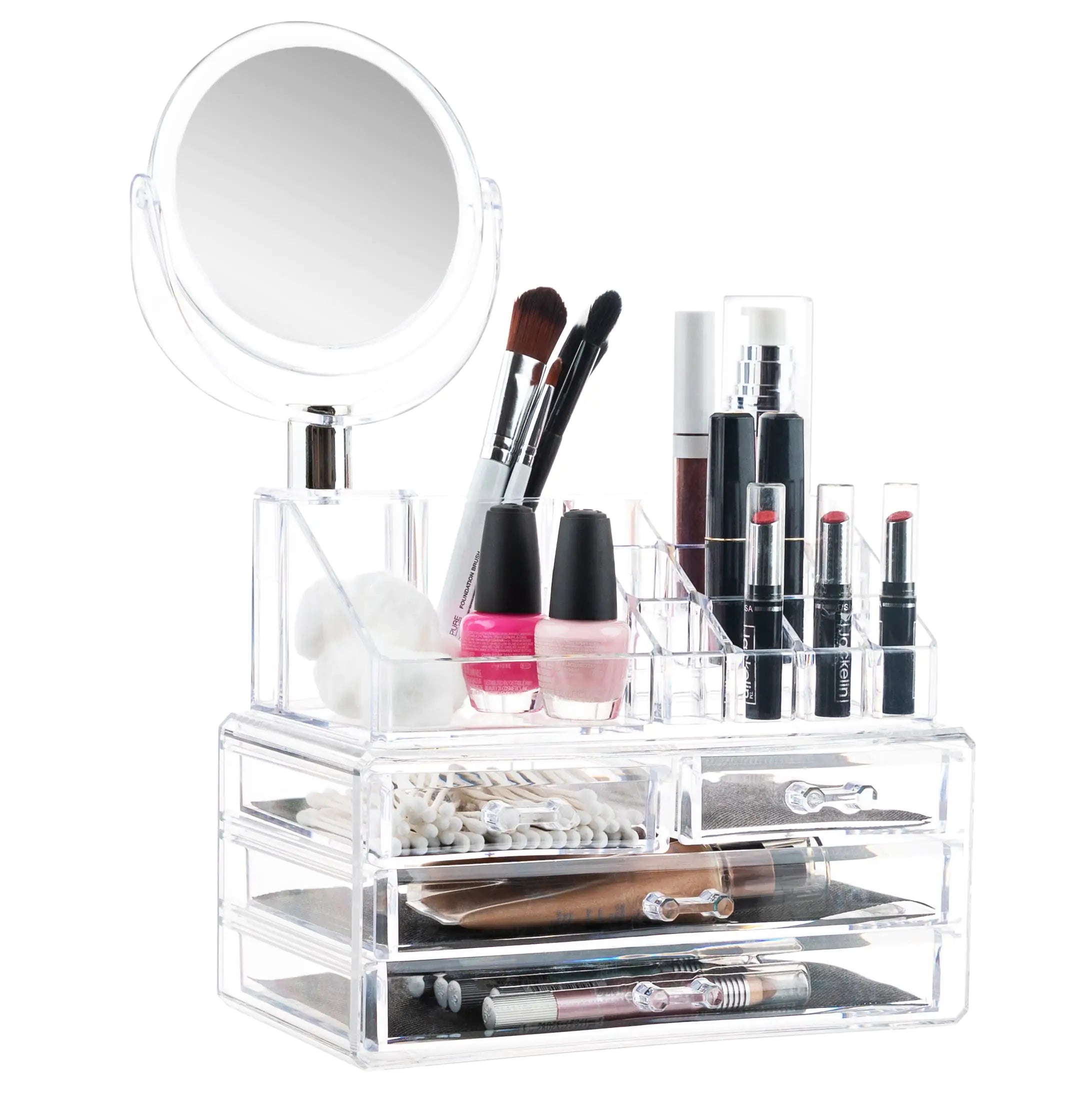 Masirs Clear Makeup Organizer with Mirror – 16-Compartment Cosmetic and Jewelry Holder 4-Drawer Vanity Storage Elegant Clear Design for Makeup and Accessories